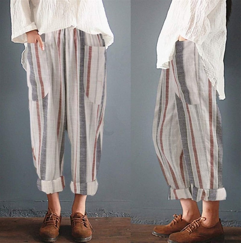 woobles Womens Striped Linen Pants Elastic Waist Cropped Trousers Capri - Image 3